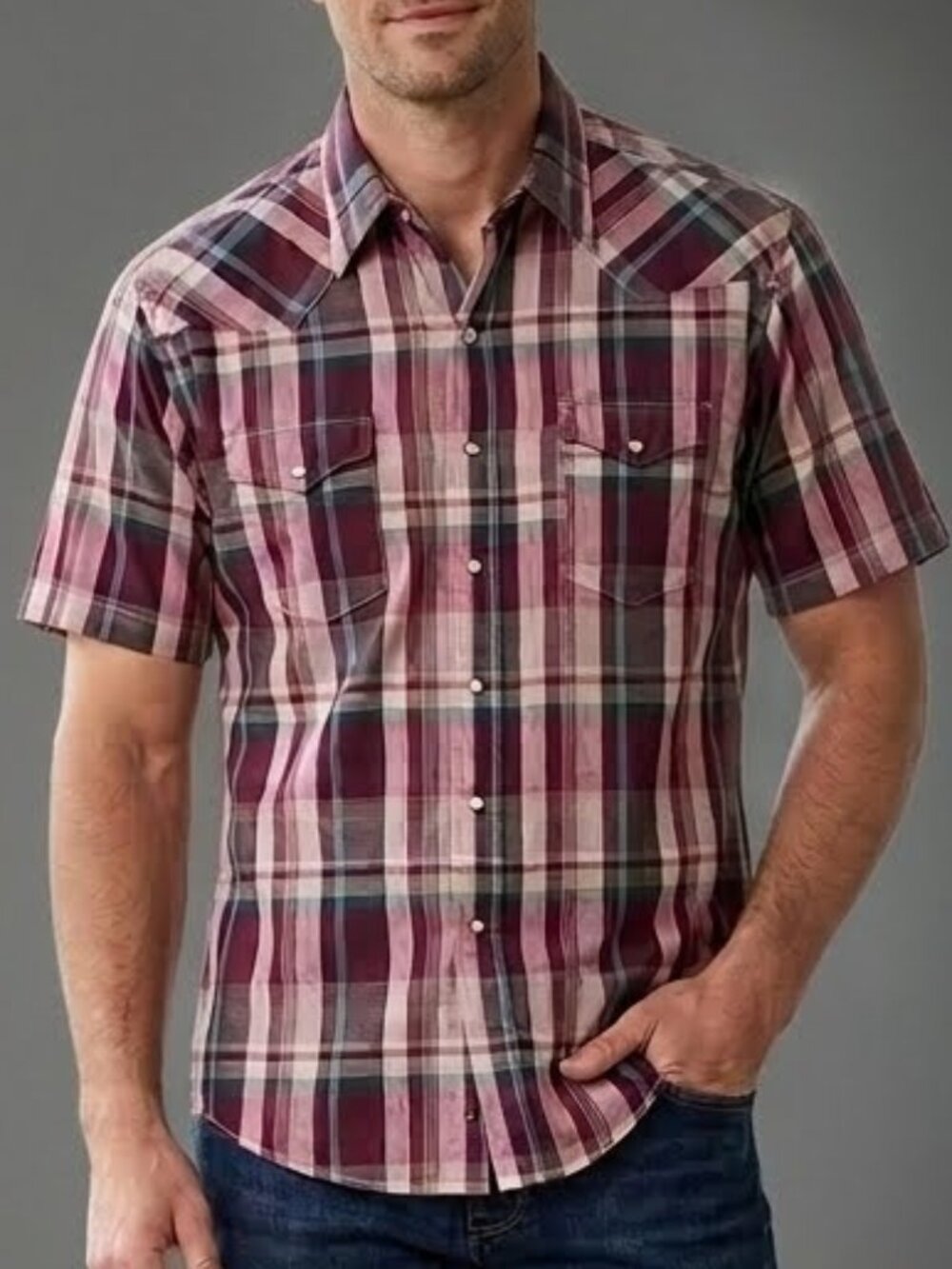 Wrangler Pink  Red Pink Plaid Snap Button Vintage Western Cowboy Shirt Men's XL